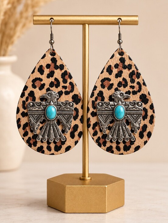 Tipi Jewelry - Leopard Teardrop Thunderbird Earrings with Turquoise Accent - Women Jewelry NWT